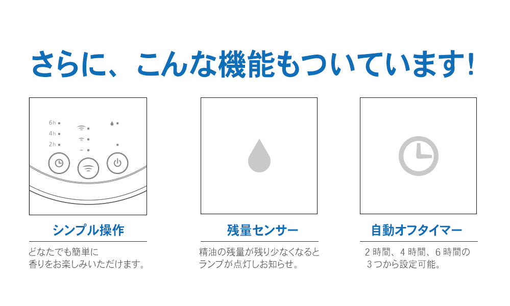 さらに、こんな機能もついてます「シンプル操作」「残量センサー」「自動オフタイマー」