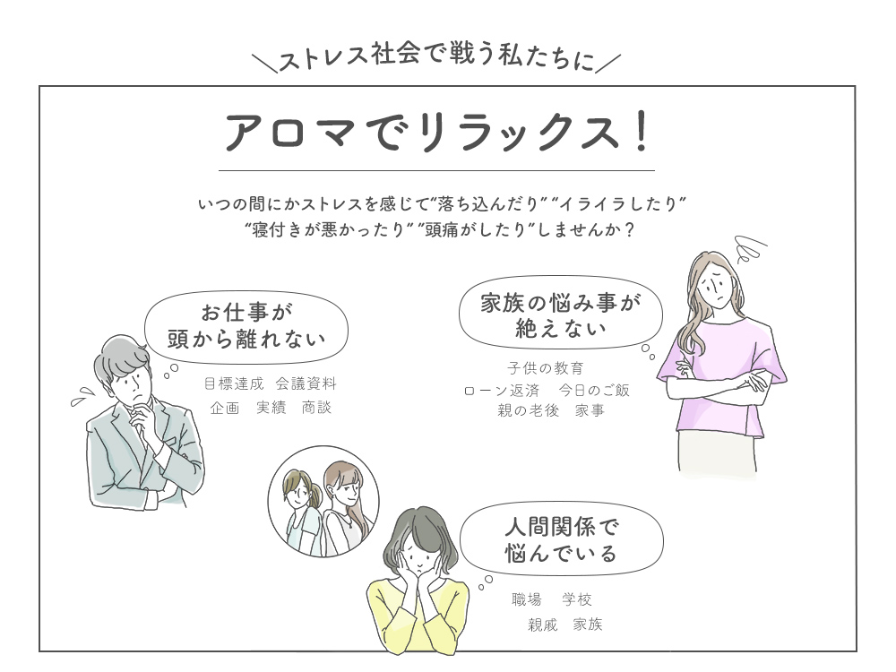 ストレス社会で戦う私たちに!アロマでリラックス♪いつの間にかストレスを感じて落ち込んだり、イライラしたり、寝つきが悪かったり、頭痛がしたりしませんか?