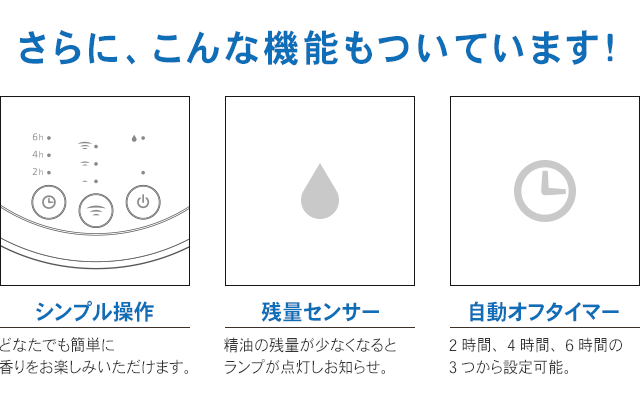 さらに、こんな機能もついてます「シンプル操作」「残量センサー」「自動オフタイマー」