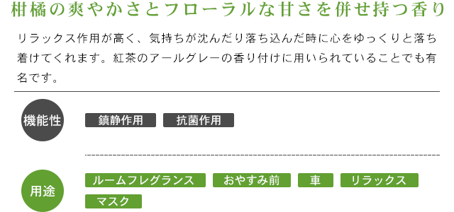 香り説明「柑橘の爽やかさとフローラルな甘さを併せ持つ香り」