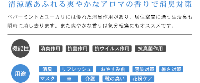 香り説明「清涼感あふれる爽やかなアロマの香りで消臭対策」