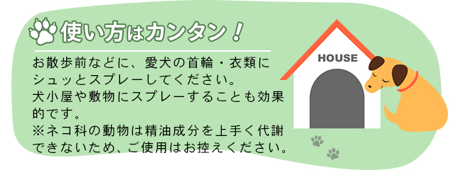 使い方はカンタン!お散歩前などにペットの首輪・衣類にシュッとスプレーしてください。犬小屋や敷物にスプレーすることも効果的です。