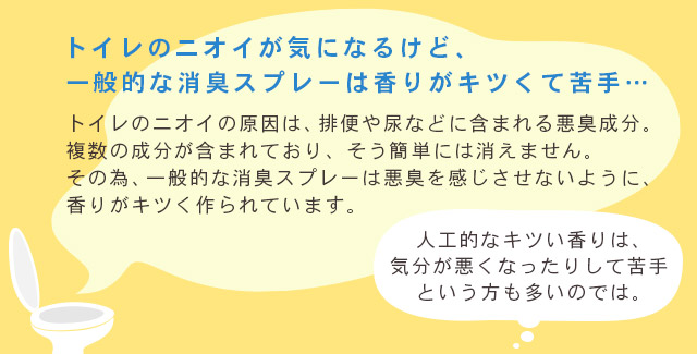 トイレのにおいが気になるけど一般的な消臭スプレーは香りがきつくて苦手、トイレのニオイの原因は、排便や尿などに含まれる悪臭成分が含まれておりそう簡単に消えません。